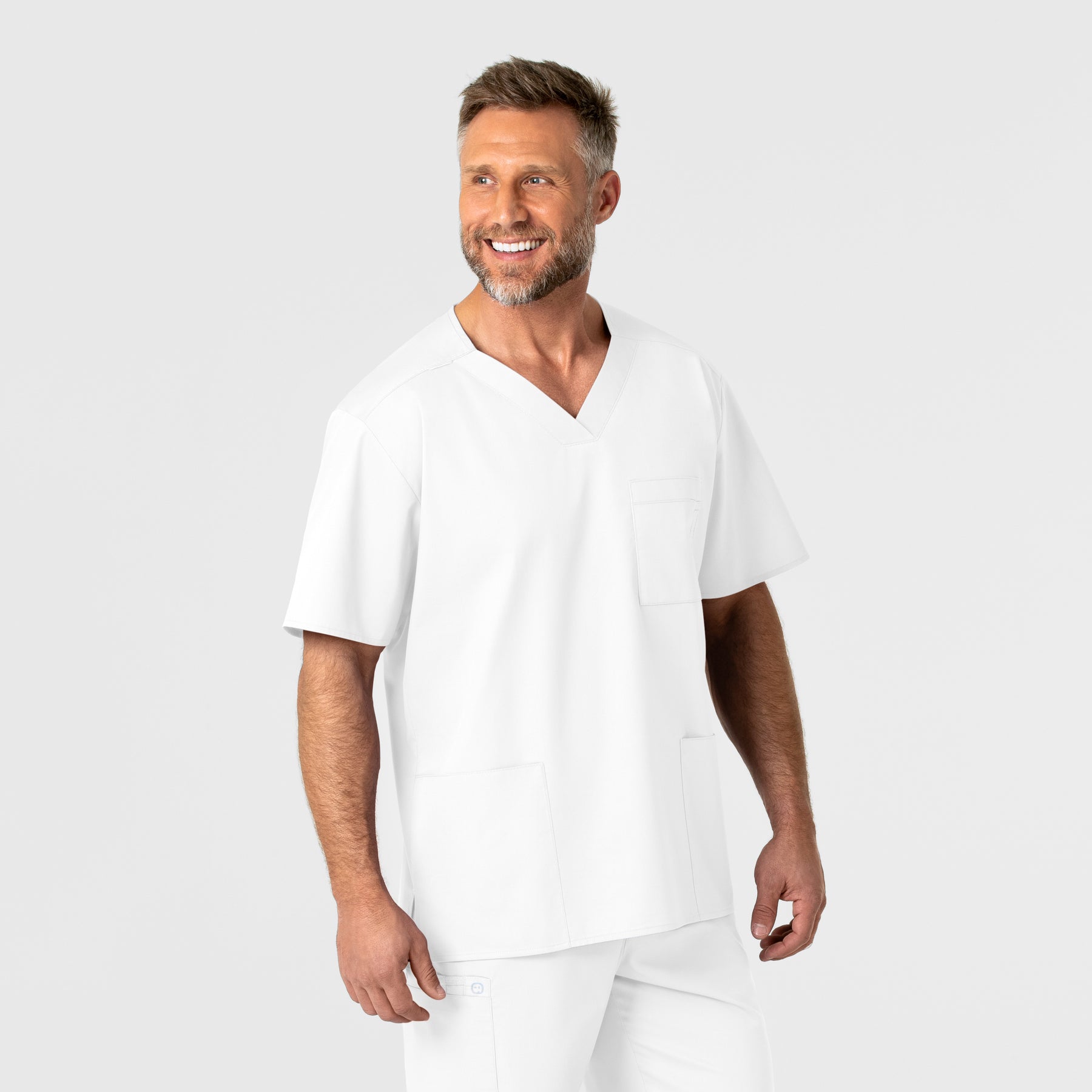 WonderWORK Men's V-Neck Scrub Top - White front detail