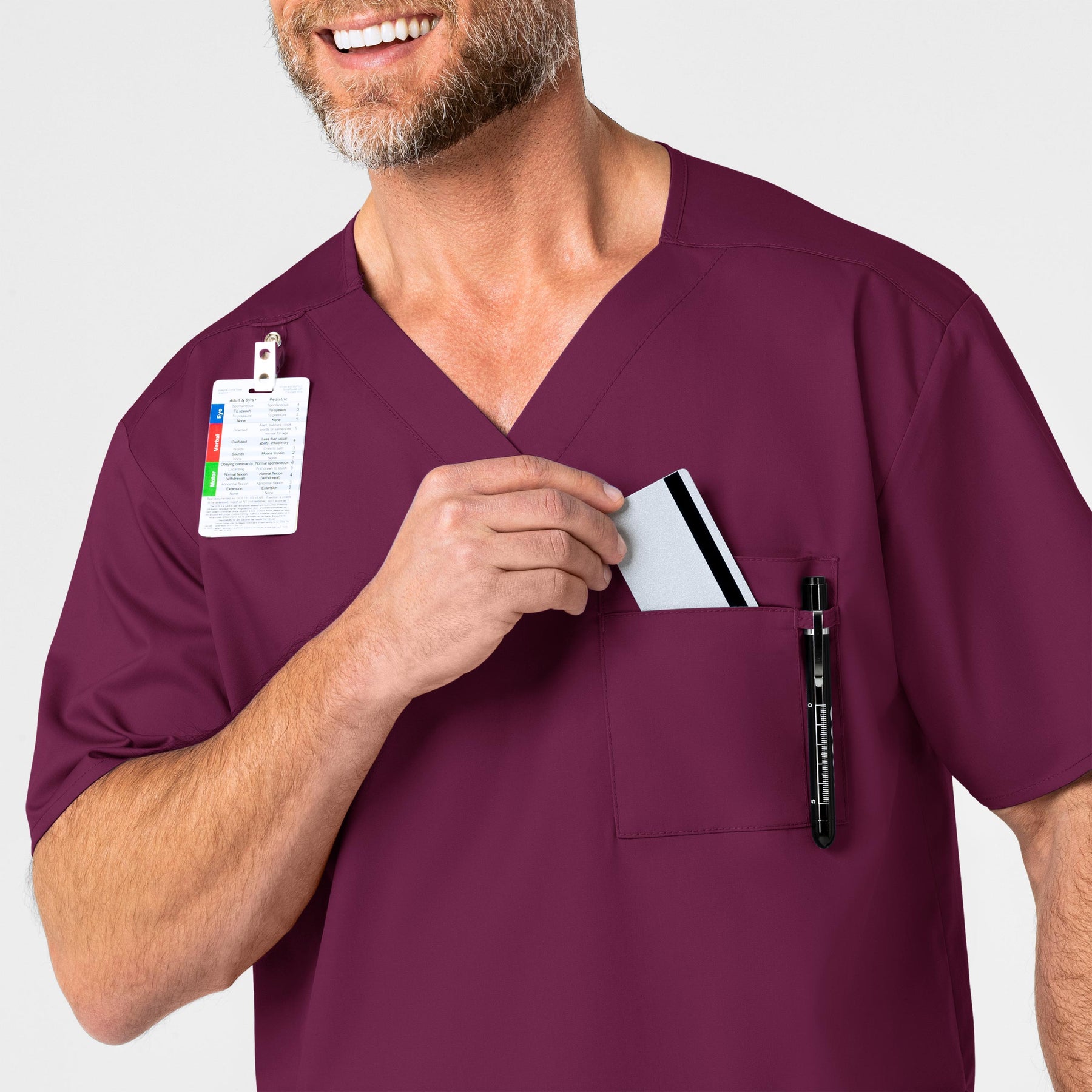 WonderWORK Men's V-Neck Scrub Top Wine side detail 1