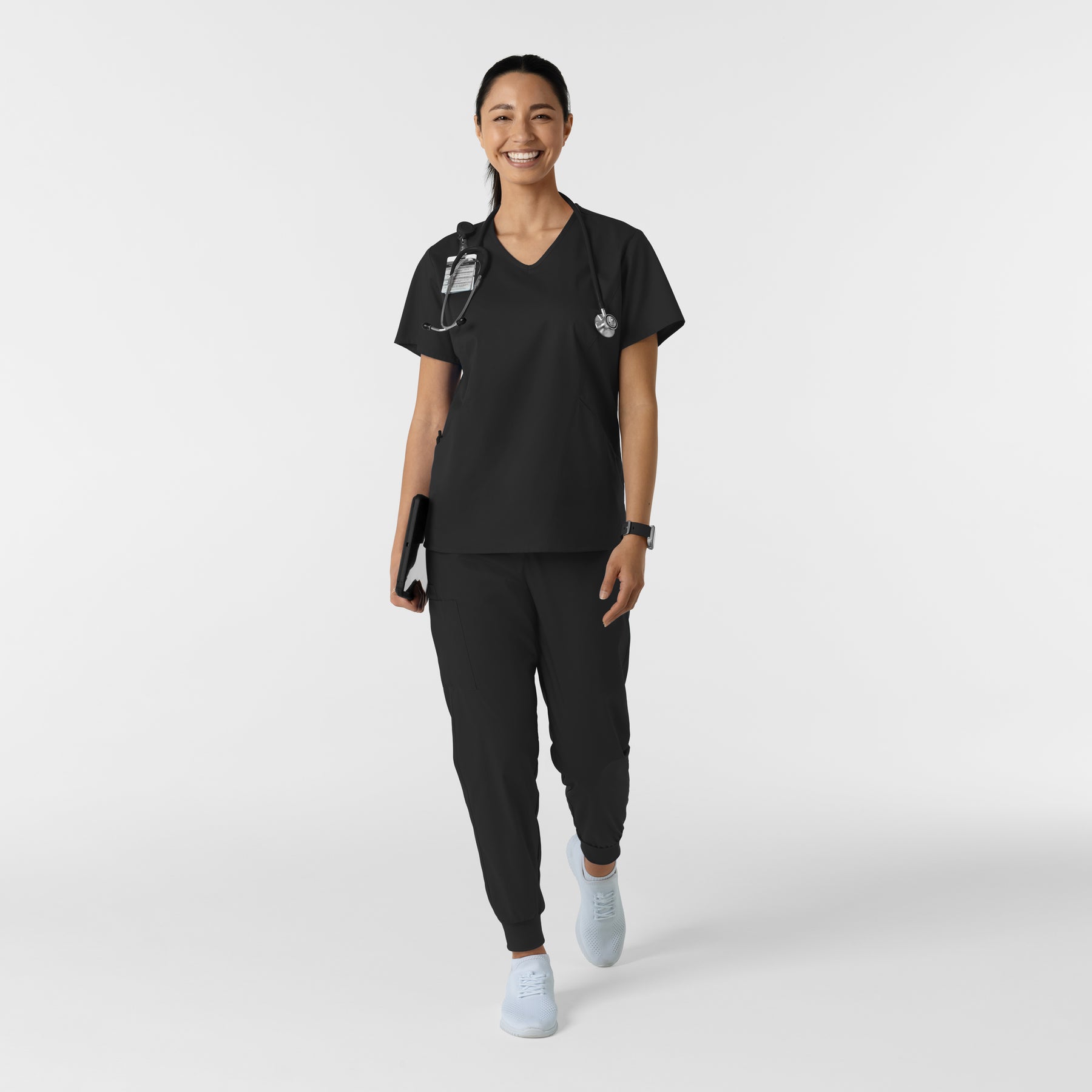 WORK Women's Curved V-Neck Scrub Top Black full scrub set