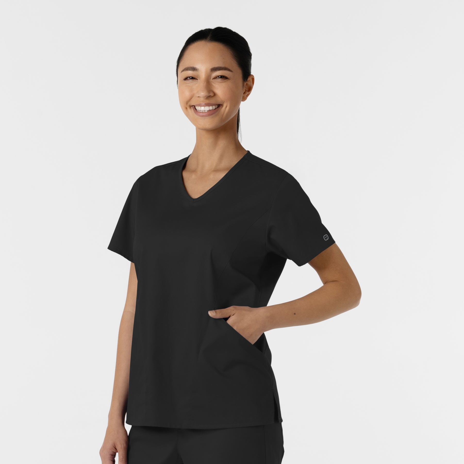 WORK Women's Curved V-Neck Scrub Top Black side view
