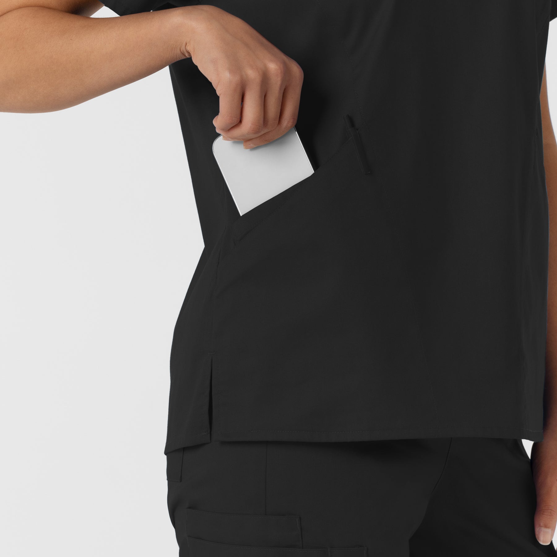 WORK Women's Curved V-Neck Scrub Top Black side detail 2
