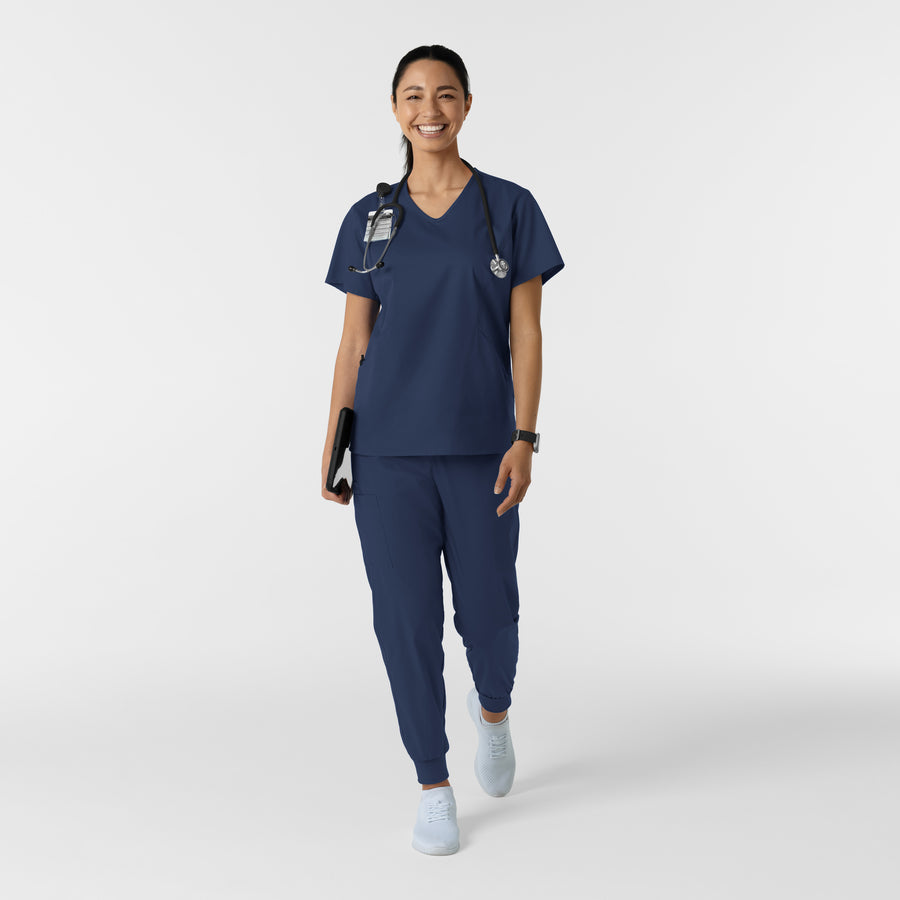 WORK Women's Curved V-Neck Scrub Top Navy full scrub set