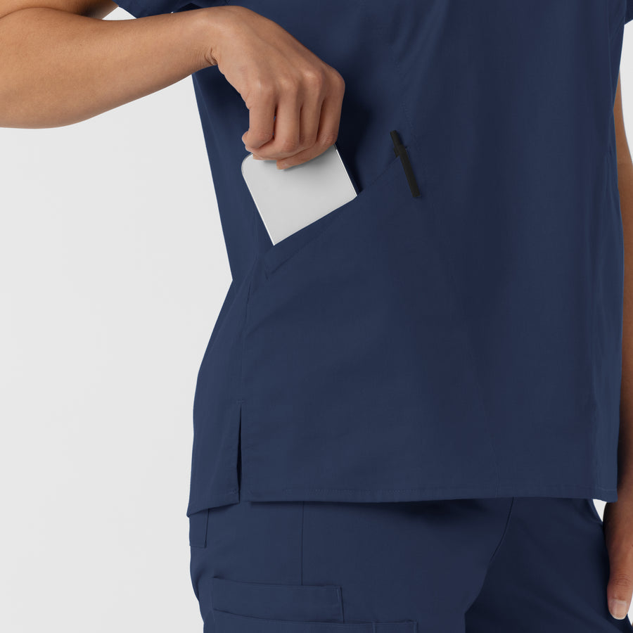 WORK Women's Curved V-Neck Scrub Top Navy side detail 2