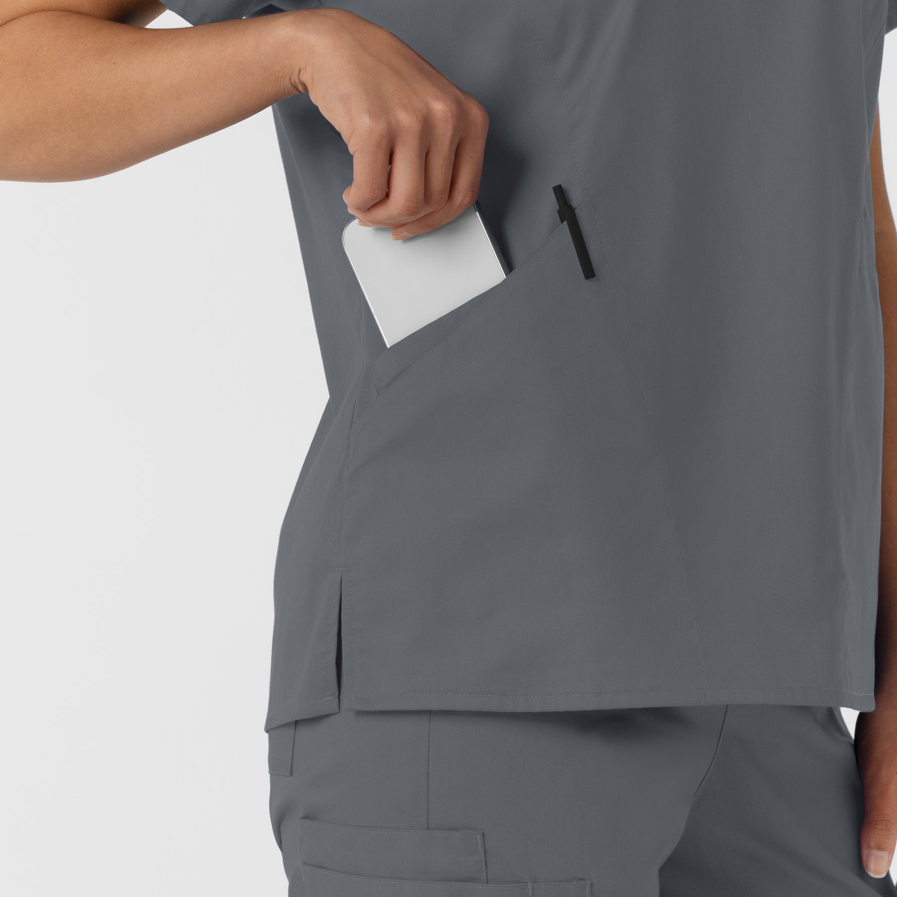 WORK Women's Curved V-Neck Scrub Top Pewter side detail 2