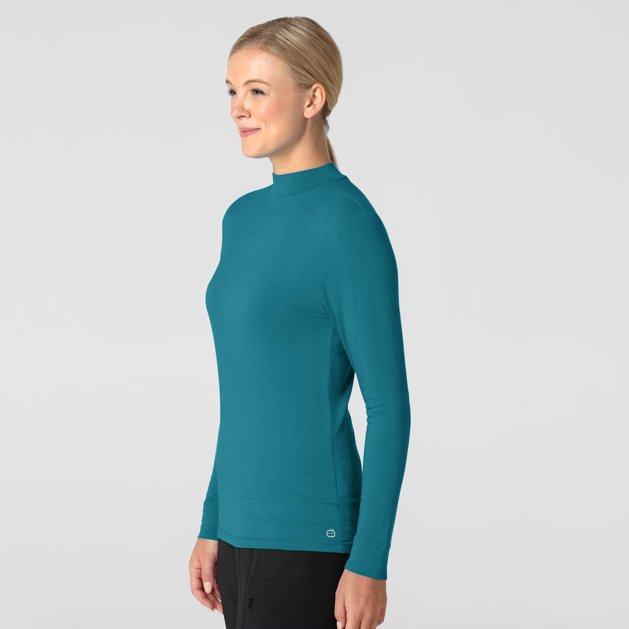 Knits and Layers Women’s Long Sleeve Mock Neck Silky Tee Bay Blue side view