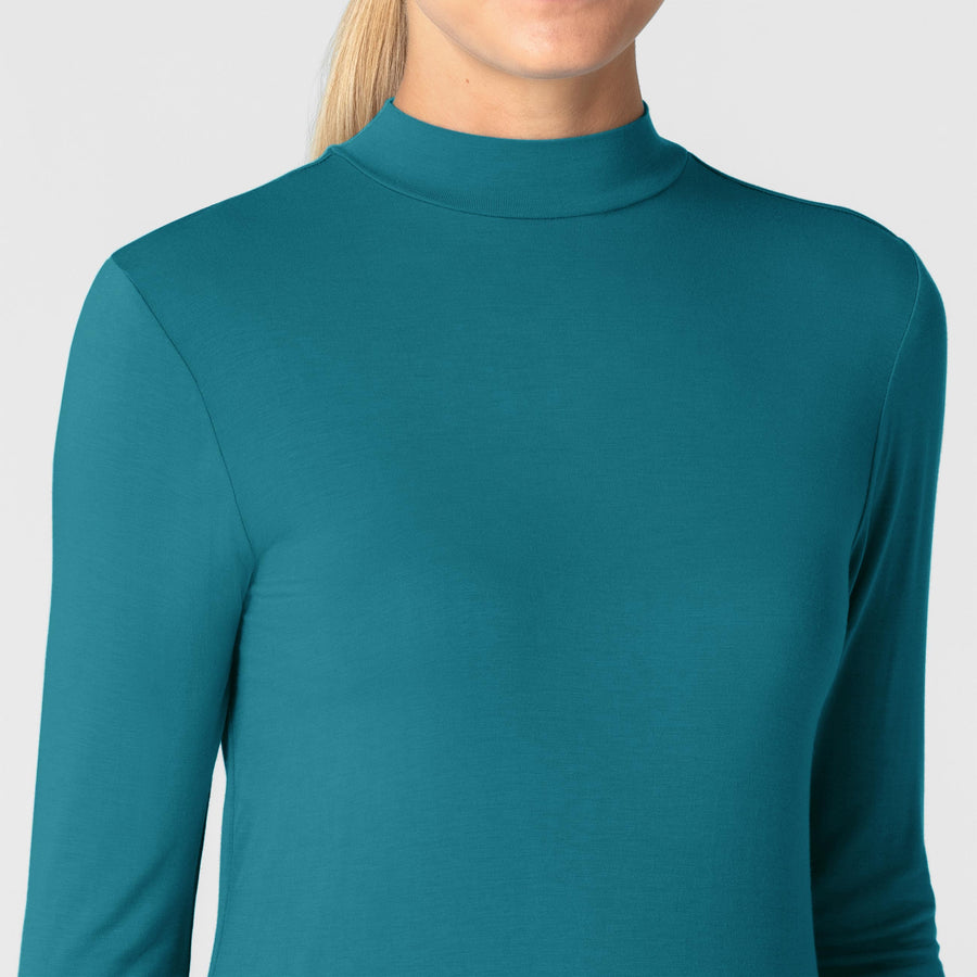 Knits and Layers Women’s Long Sleeve Mock Neck Silky Tee Bay Blue front detail