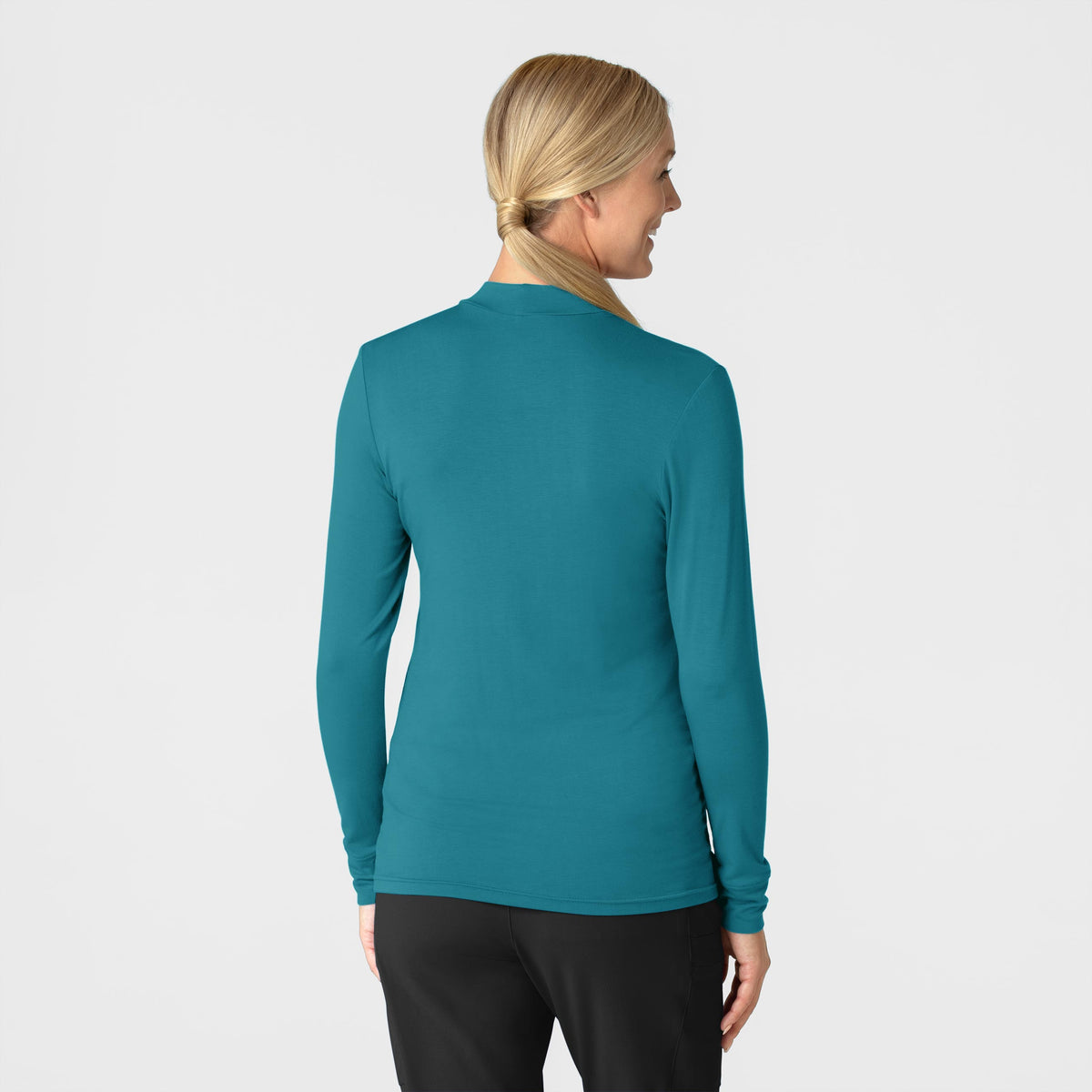 Knits and Layers Women’s Long Sleeve Mock Neck Silky Tee Bay Blue back view