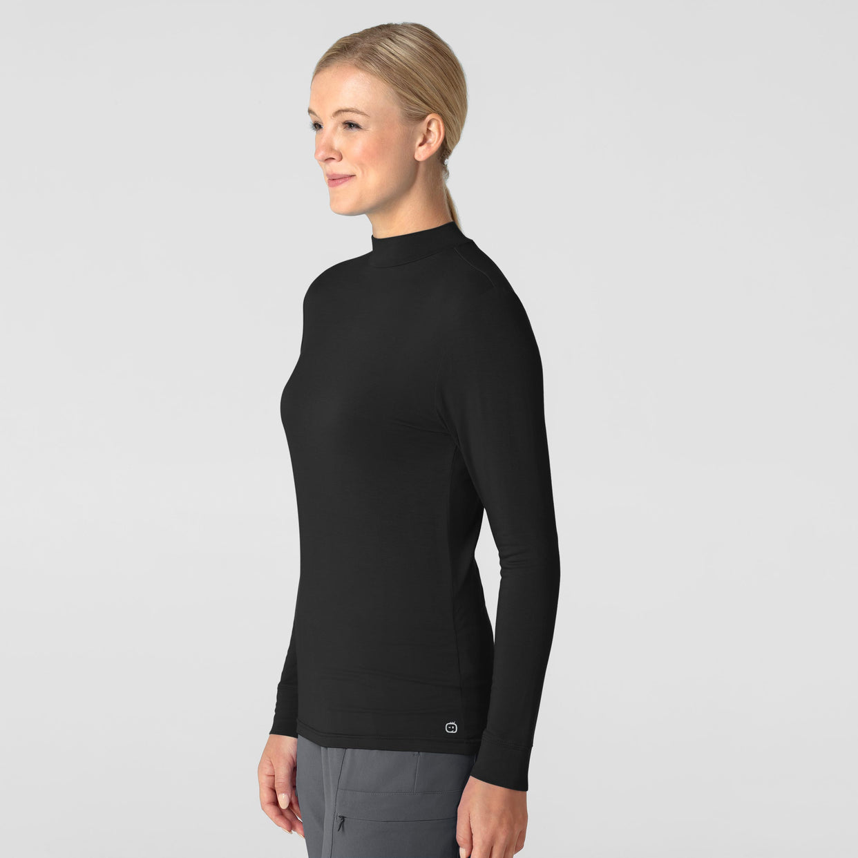 Knits and Layers Women’s Long Sleeve Mock Neck Silky Tee Black side view