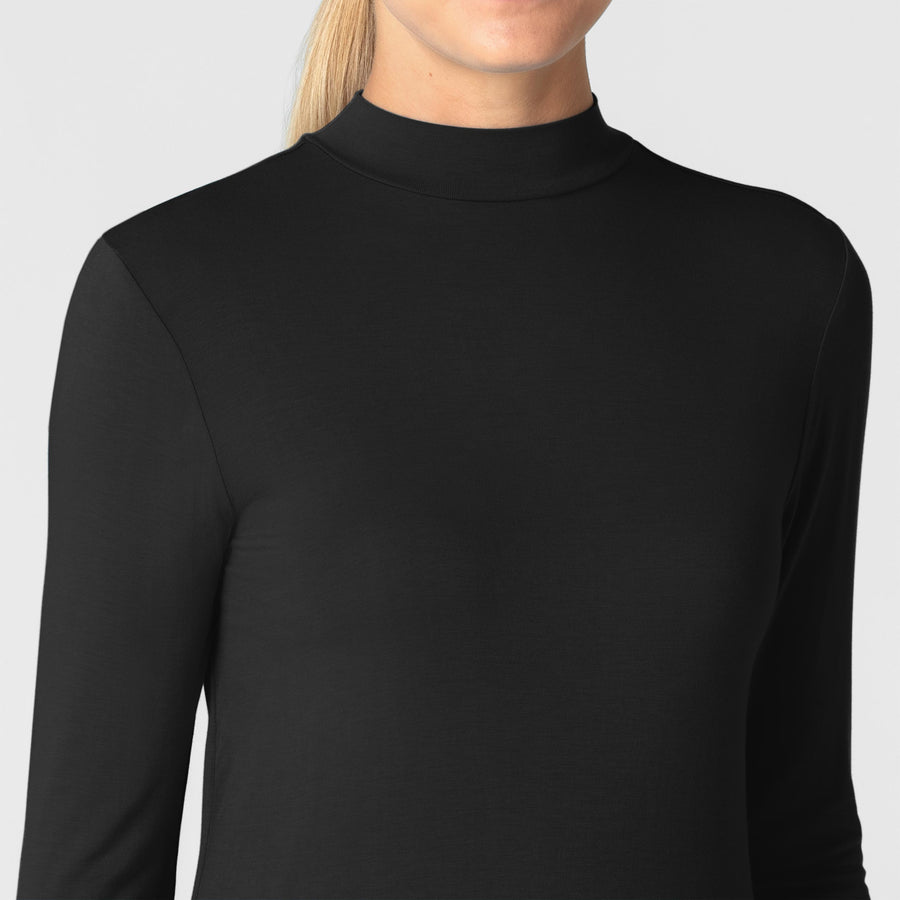 Knits and Layers Women’s Long Sleeve Mock Neck Silky Tee Black front detail