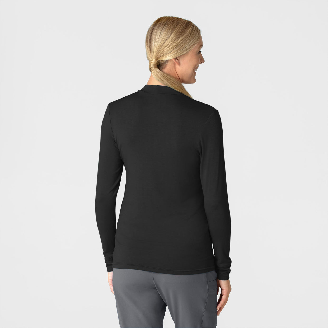 Knits and Layers Women’s Long Sleeve Mock Neck Silky Tee Black back view