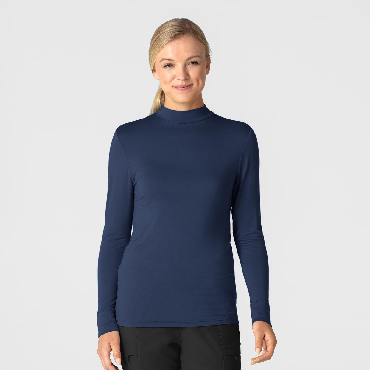 Knits and Layers Women’s Long Sleeve Mock Neck Silky Tee Navy