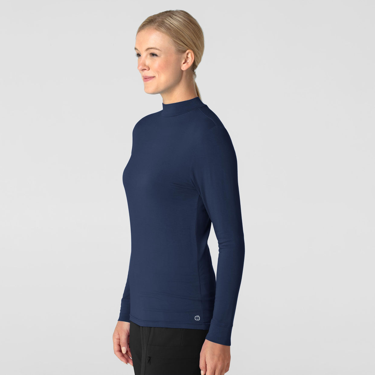 Knits and Layers Women’s Long Sleeve Mock Neck Silky Tee Navy side view