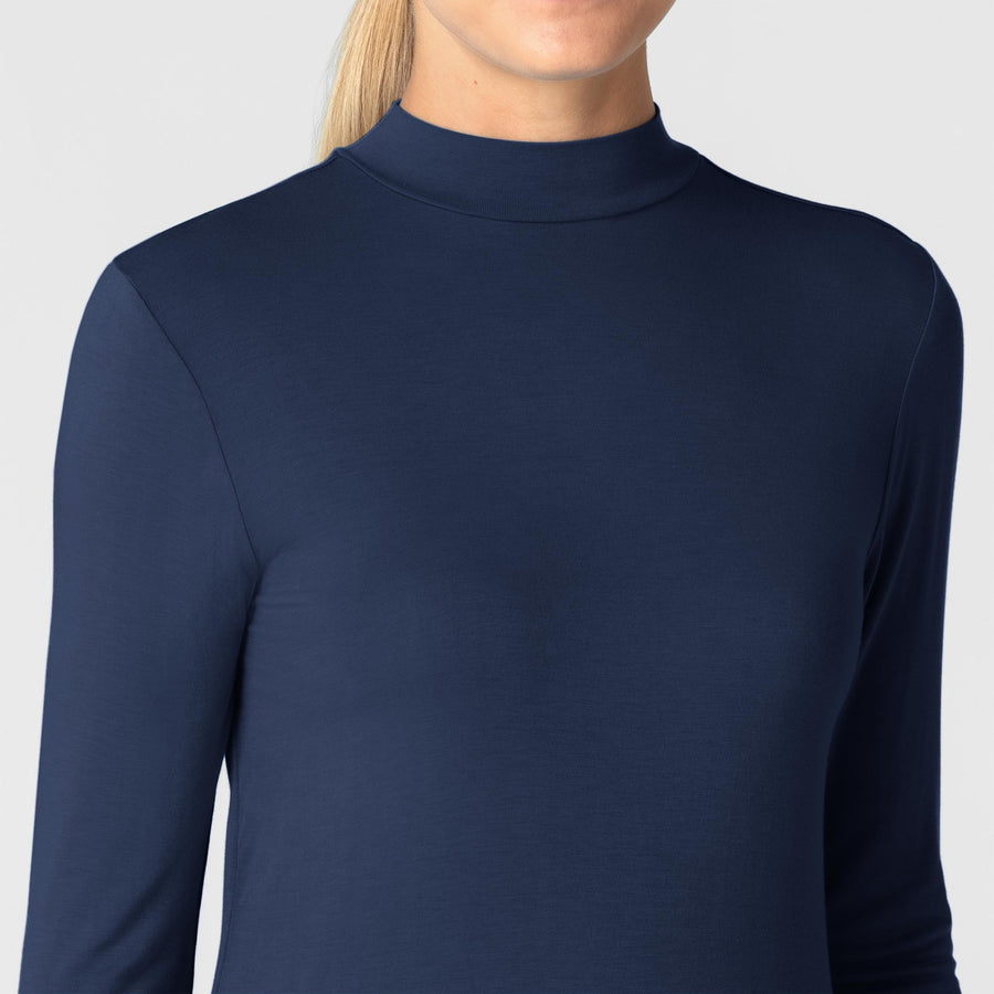 Knits and Layers Women’s Long Sleeve Mock Neck Silky Tee Navy front detail