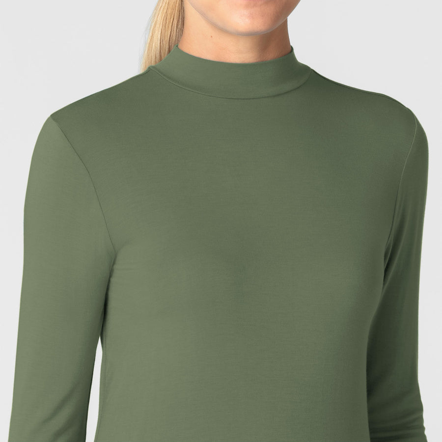 Knits and Layers Women’s Long Sleeve Mock Neck Silky Tee Olive front detail