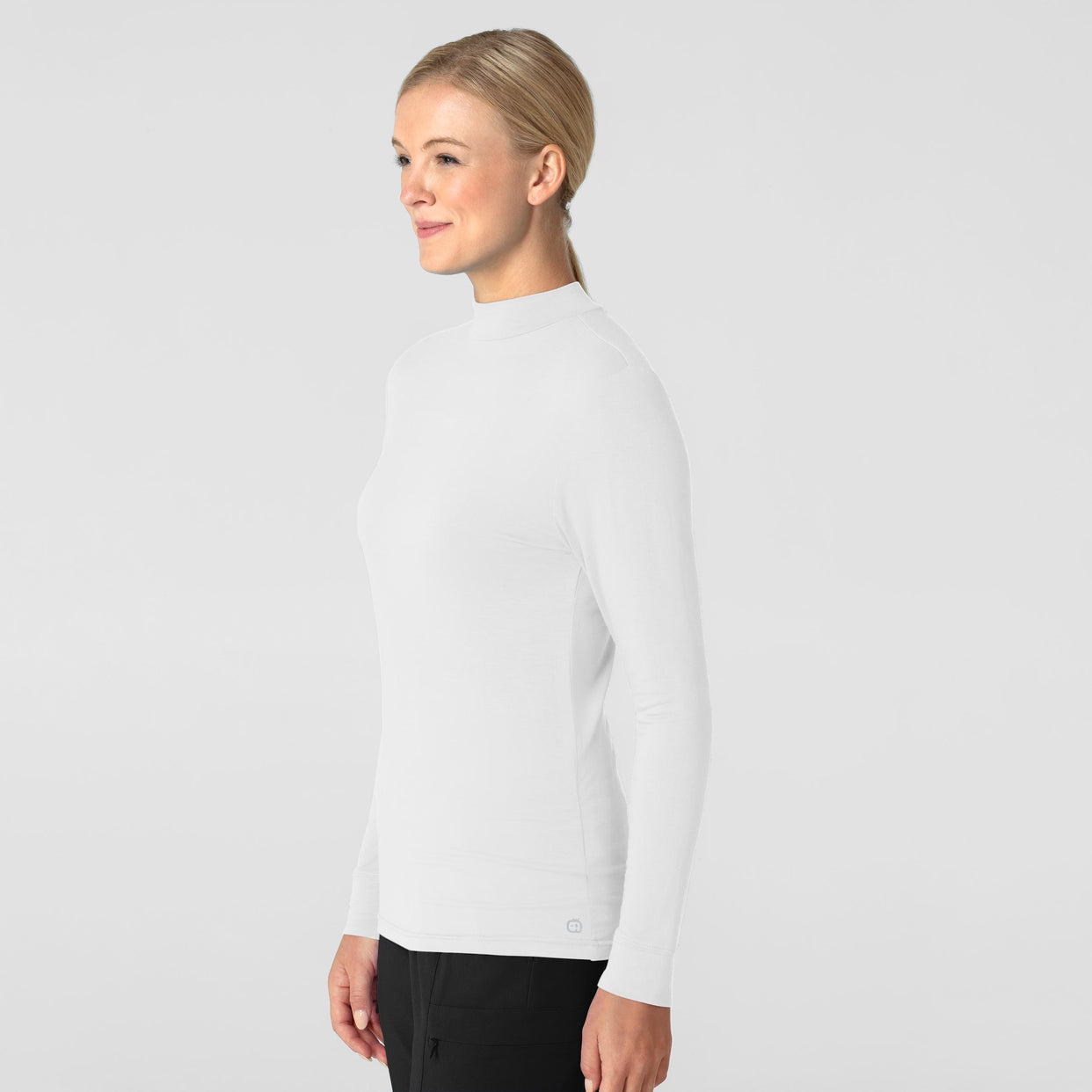 Knits and Layers Women’s Long Sleeve Mock Neck Silky Tee White side view