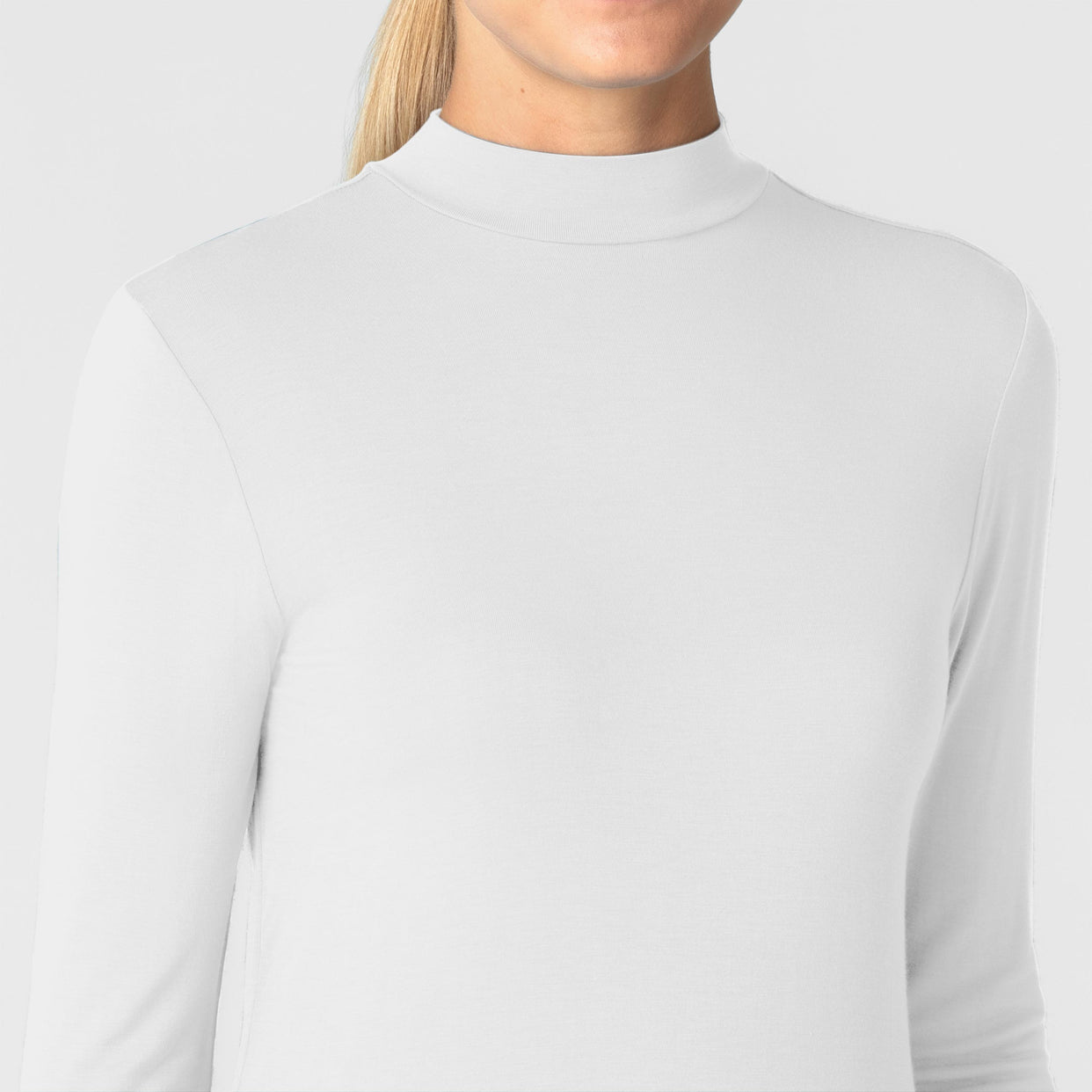 Knits and Layers Women’s Long Sleeve Mock Neck Silky Tee White front detail