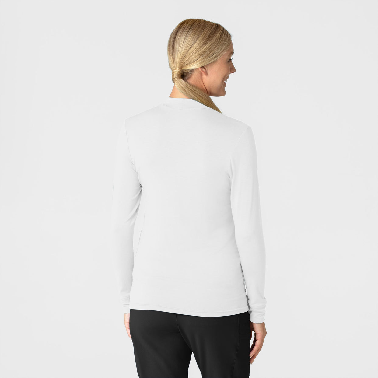 Knits and Layers Women’s Long Sleeve Mock Neck Silky Tee White back view