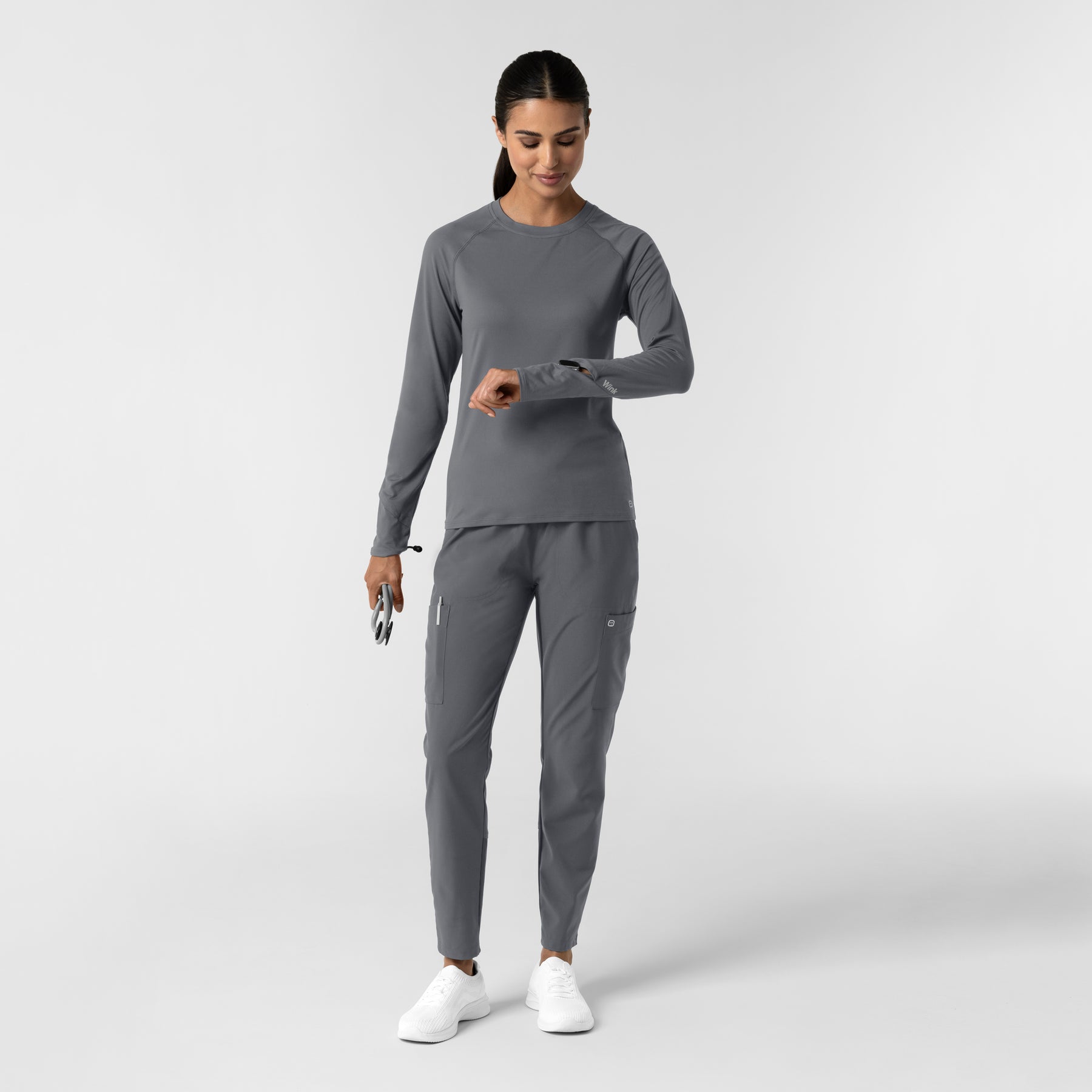 Layers Women's Watch Window Long Sleeve Underscrub Top Pewter full scrub set