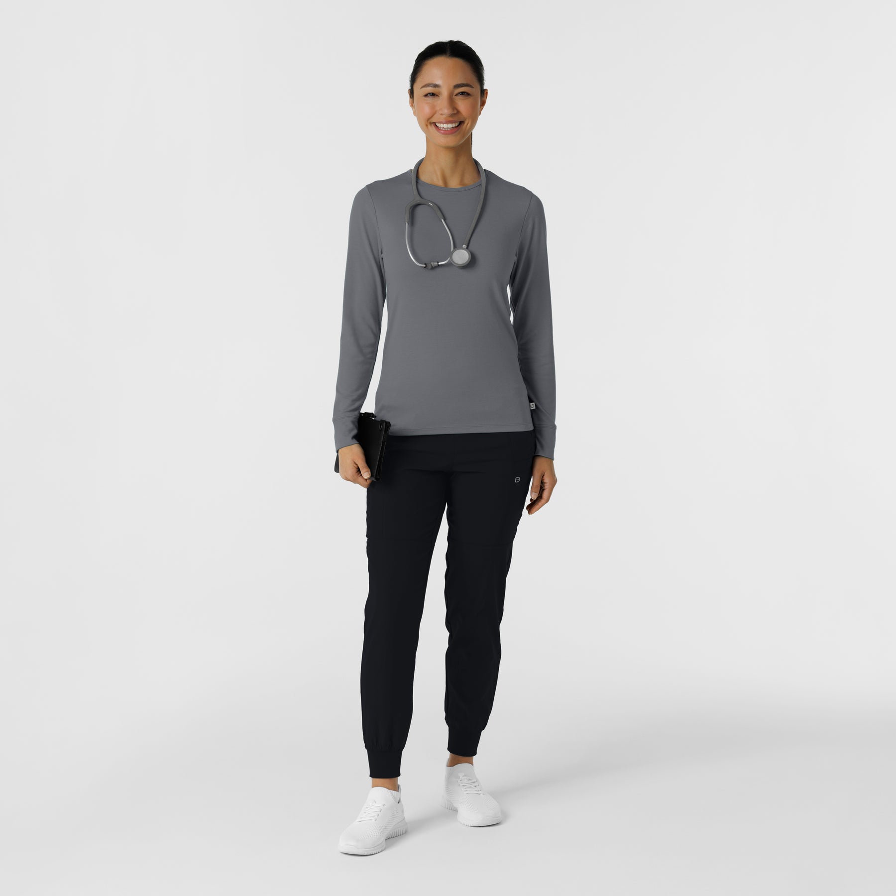 Layers Women's Essential Layer Long Sleeve Pewter full scrub set