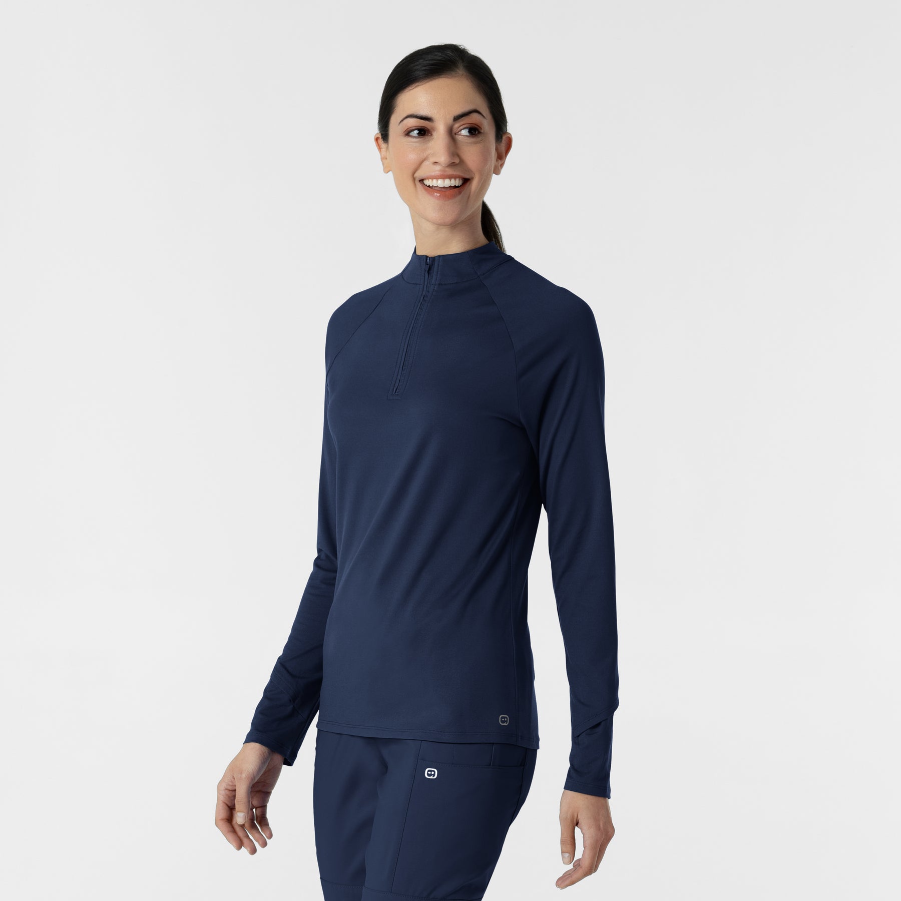 Layers Women's Watch Window Quarter Zip Scrub Top Navy side view