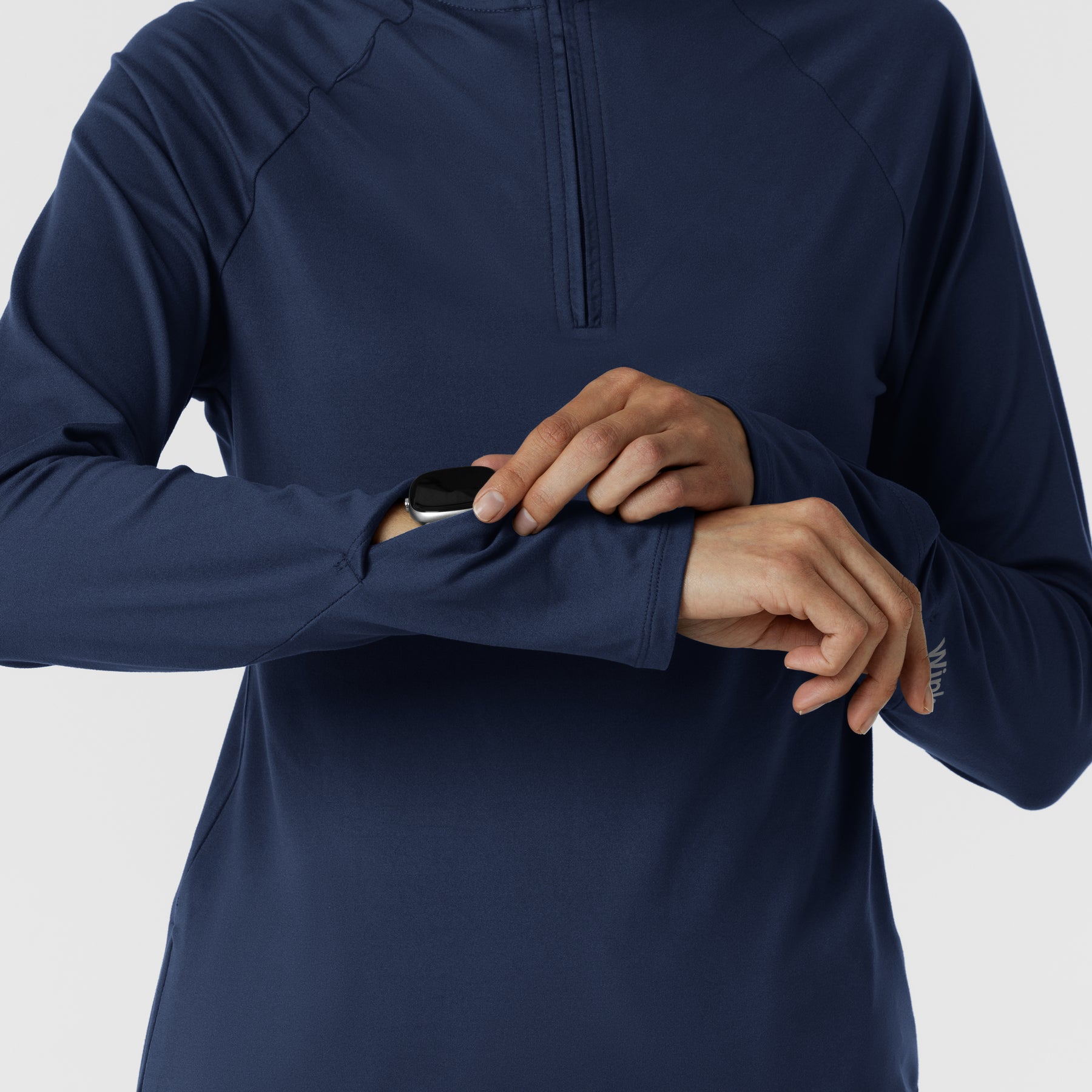 Layers Women's Watch Window Quarter Zip Scrub Top Navy side detail 2