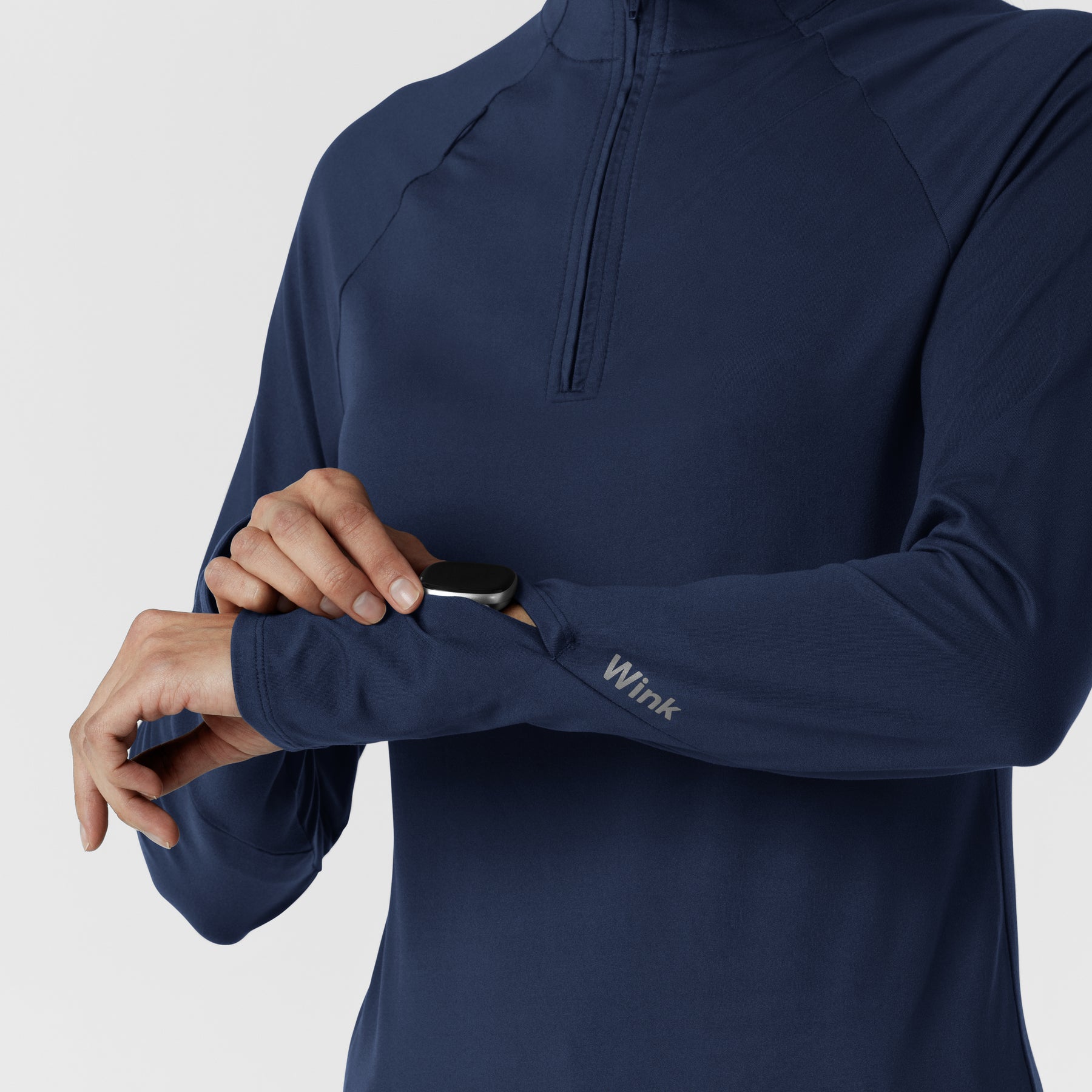 Layers Women's Watch Window Quarter Zip Scrub Top Navy hemline detail