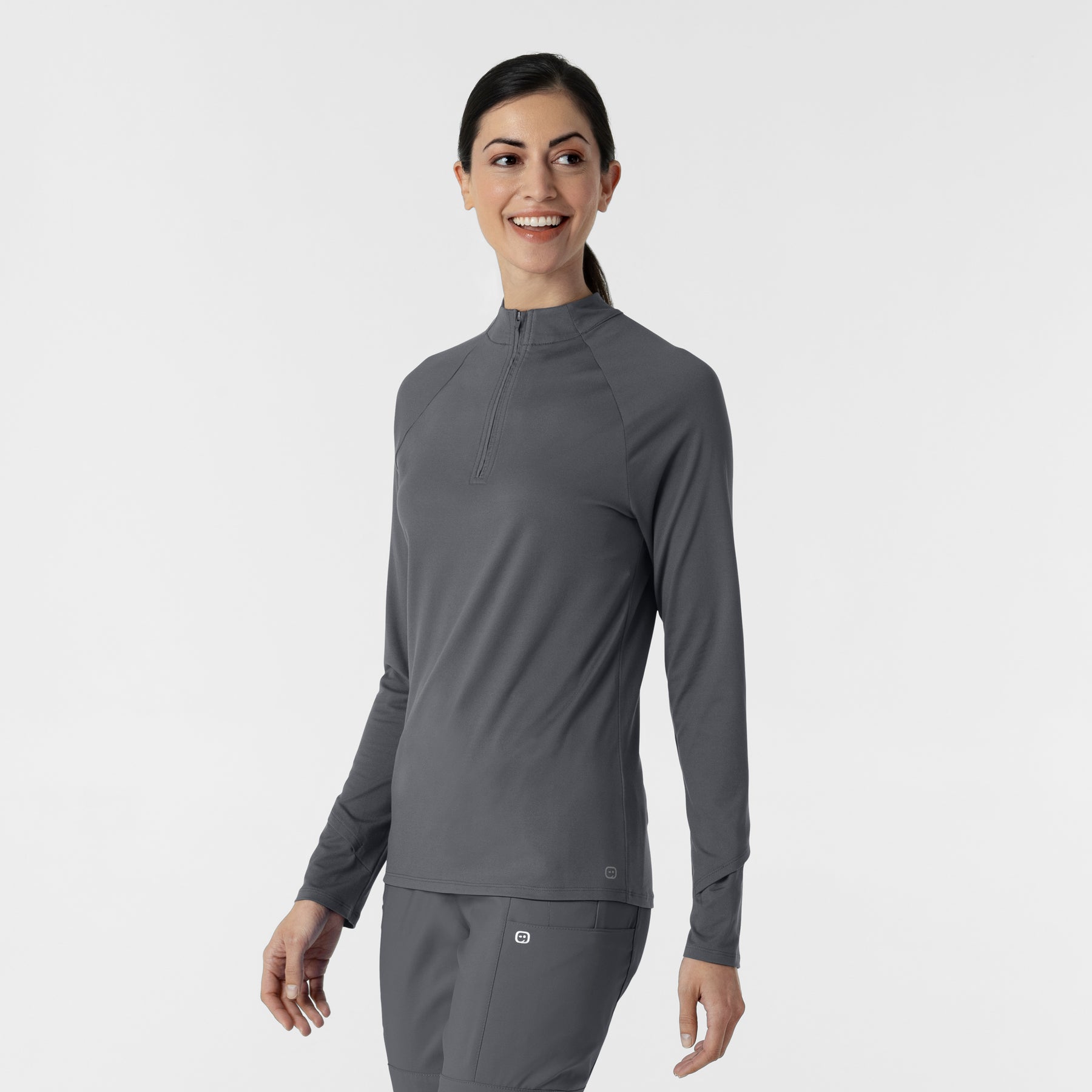 Layers Women's Watch Window Quarter Zip Scrub Top Pewter side view