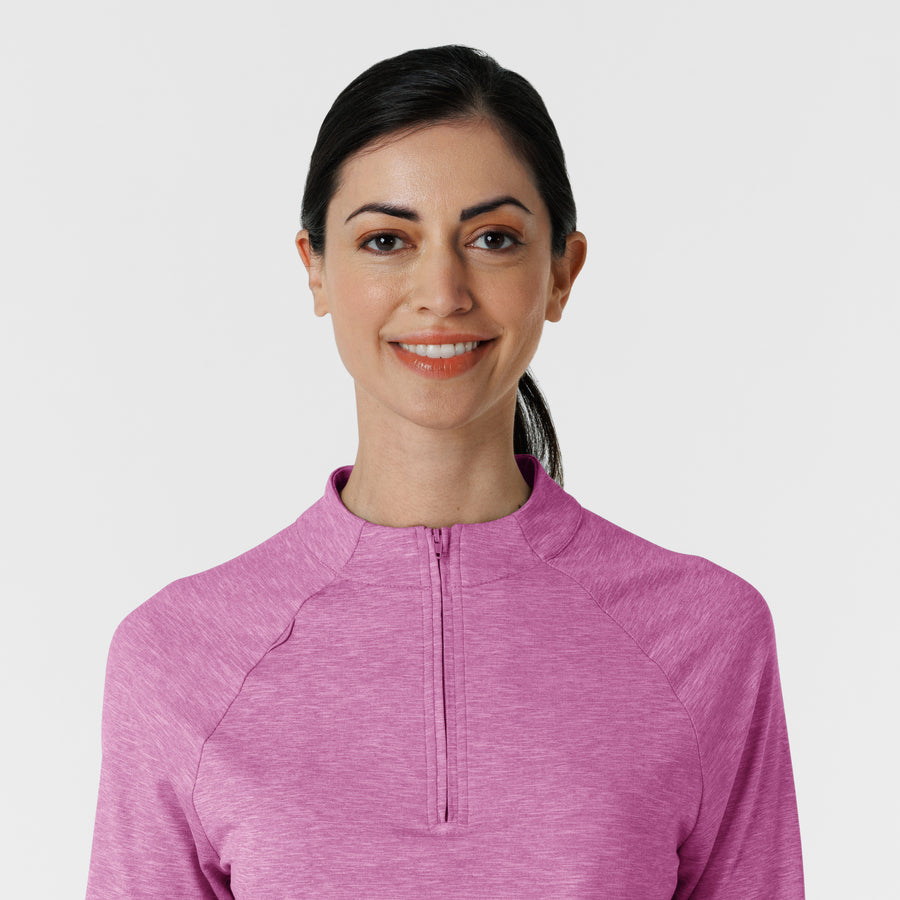 Layers Women's Watch Window Quarter Zip Scrub Top Raspberry Heather front detail