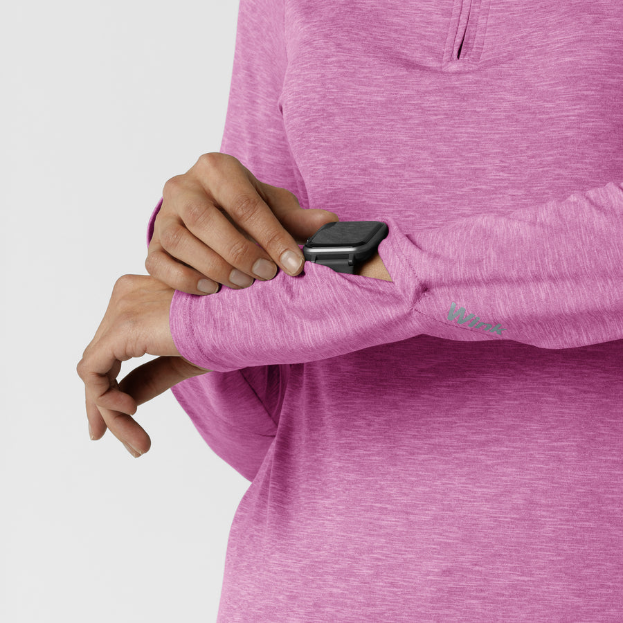 Layers Women's Watch Window Quarter Zip Scrub Top Raspberry Heather hemline detail