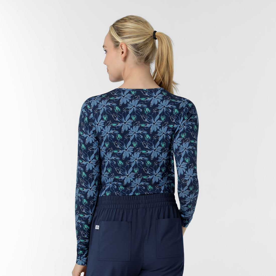 Women's All-over Print Silky Tee - Beachy Blooms Navy - long sleeve underscrub