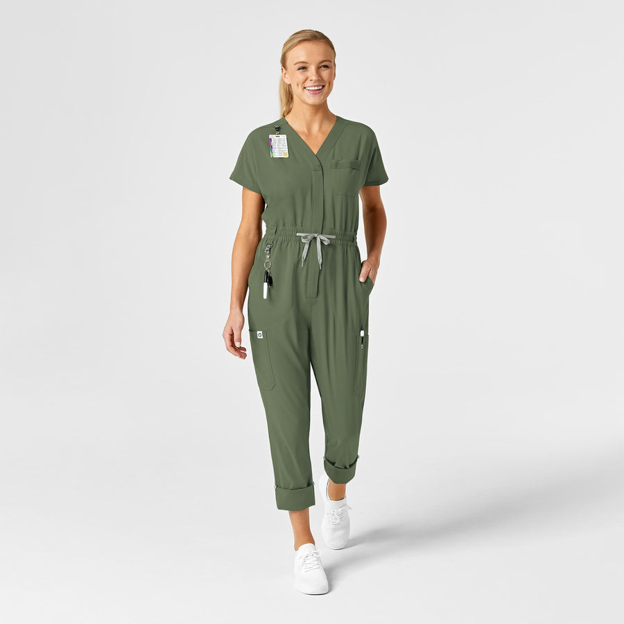 RENEW Women's Zip Front Jumpsuit Olive full scrub set