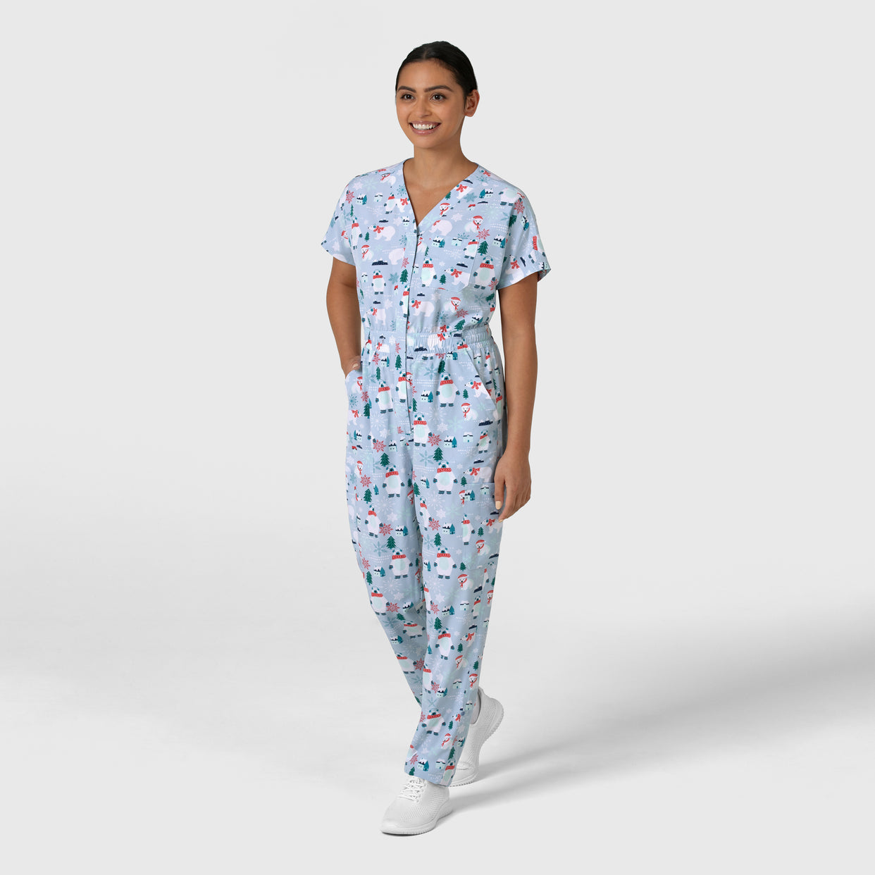 Women's Holiday Print Zip Front Onesie Beary Merry side view