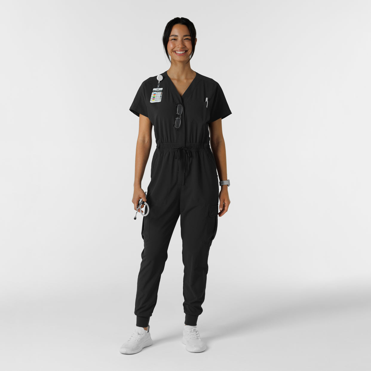 RENEW Women's Cargo Jogger Scrub Jumpsuit Black accessorized