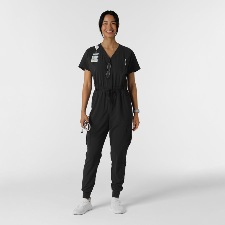 RENEW Women's Cargo Jogger Scrub Jumpsuit Black accessorized