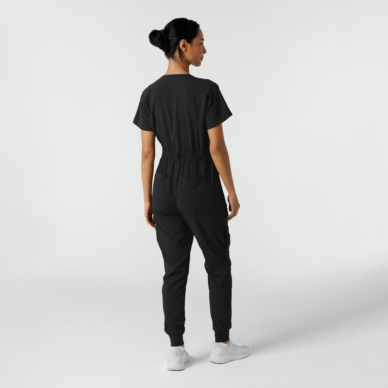 RENEW Women's Cargo Jogger Scrub Jumpsuit Black back view