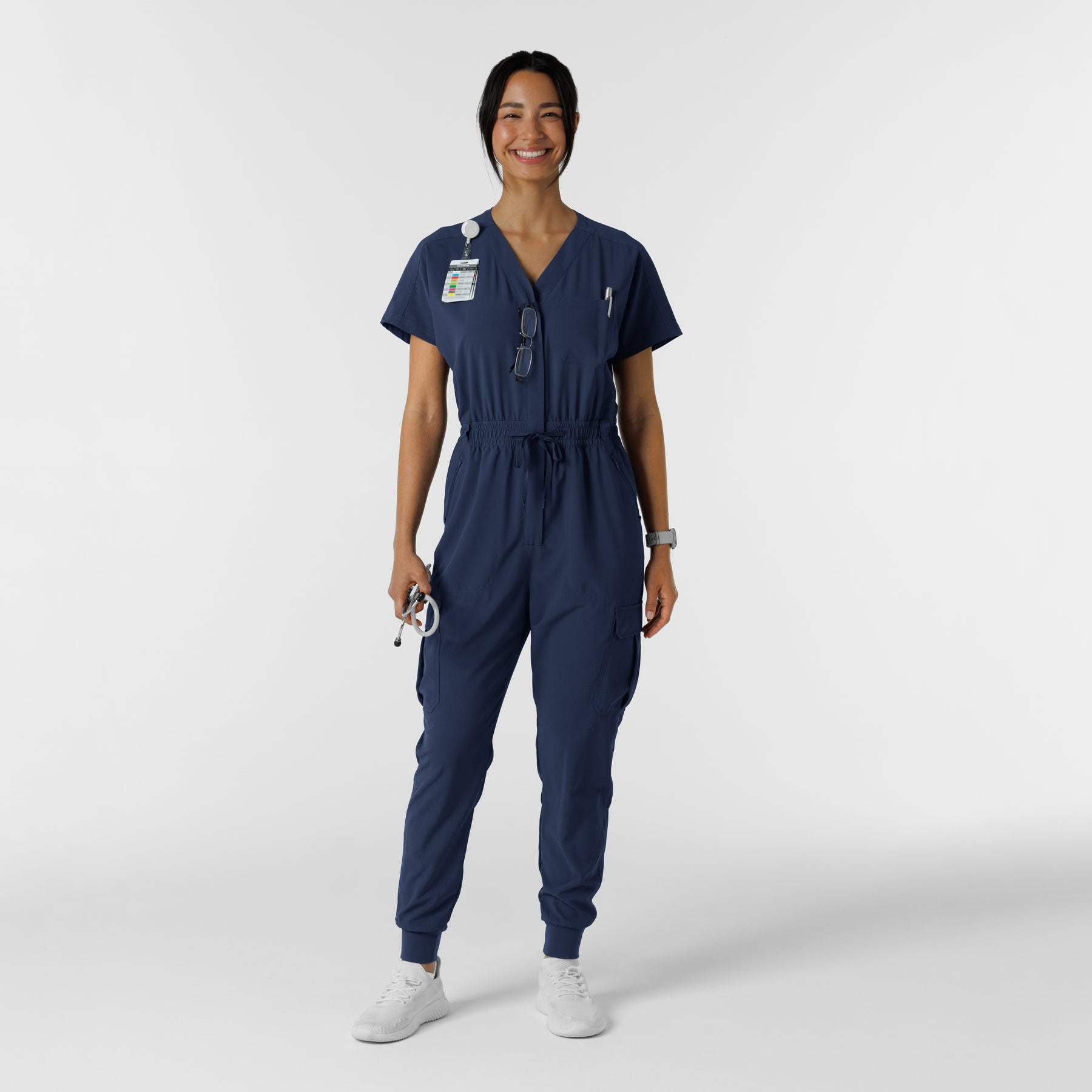 RENEW Women's Cargo Jogger Scrub Jumpsuit Navy accessorized