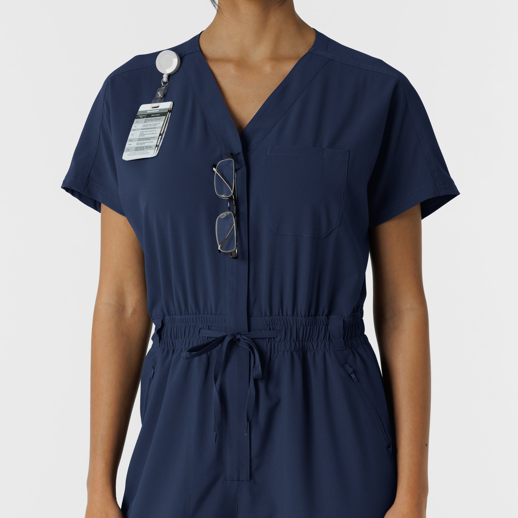 RENEW Women's Cargo Jogger Scrub Jumpsuit Navy front detail 2