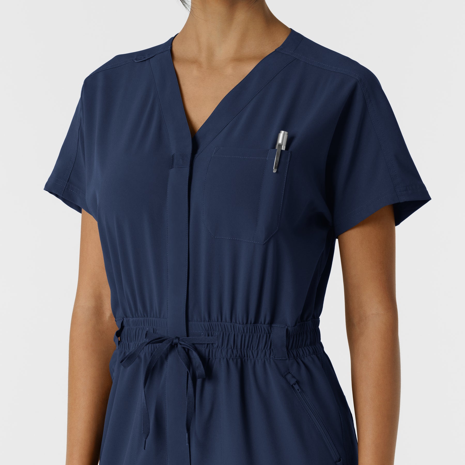 RENEW Women's Cargo Jogger Scrub Jumpsuit Navy side detail 1