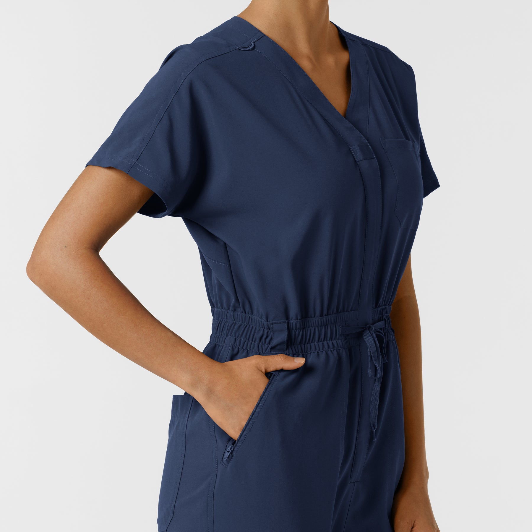 RENEW Women's Cargo Jogger Scrub Jumpsuit Navy side detail 2