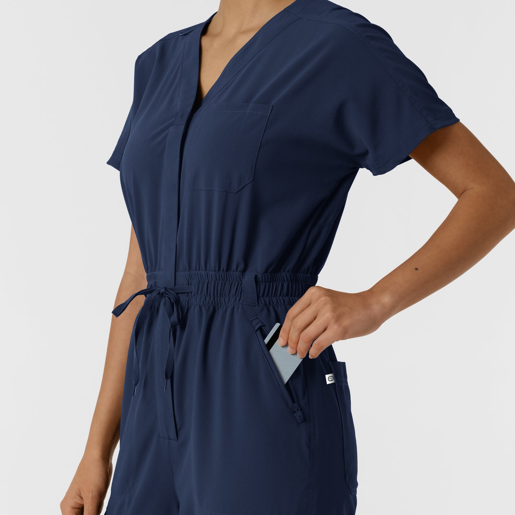 RENEW Women's Cargo Jogger Scrub Jumpsuit Navy pocket detail