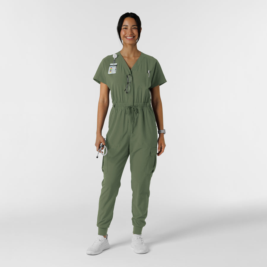 RENEW Women's Cargo Jogger Scrub Jumpsuit Olive accessorized