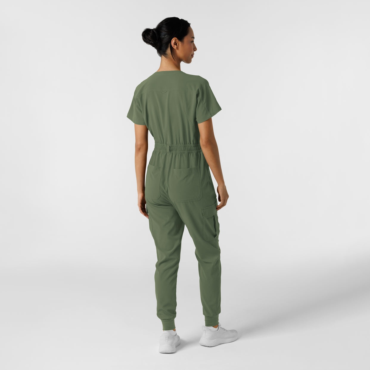 RENEW Women's Cargo Jogger Scrub Jumpsuit Olive back view