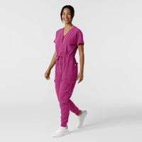 RENEW Women's Cargo Jogger Scrub Jumpsuit Raspberry side view
