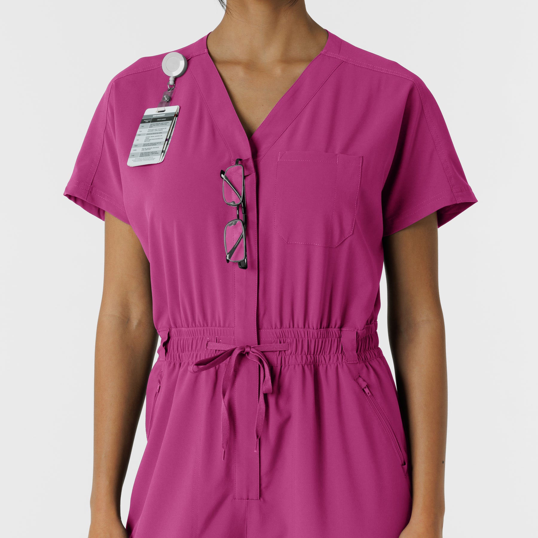RENEW Women's Cargo Jogger Scrub Jumpsuit Raspberry side detail 1