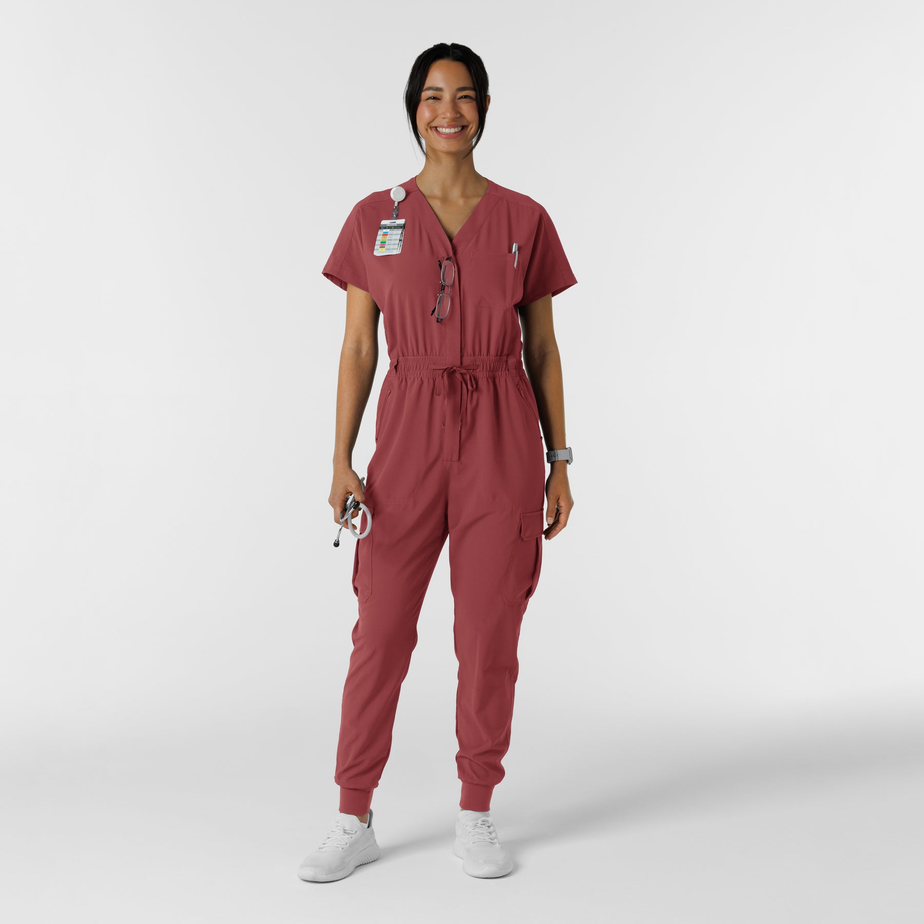 RENEW Women's Cargo Jogger Scrub Jumpsuit - Ruby