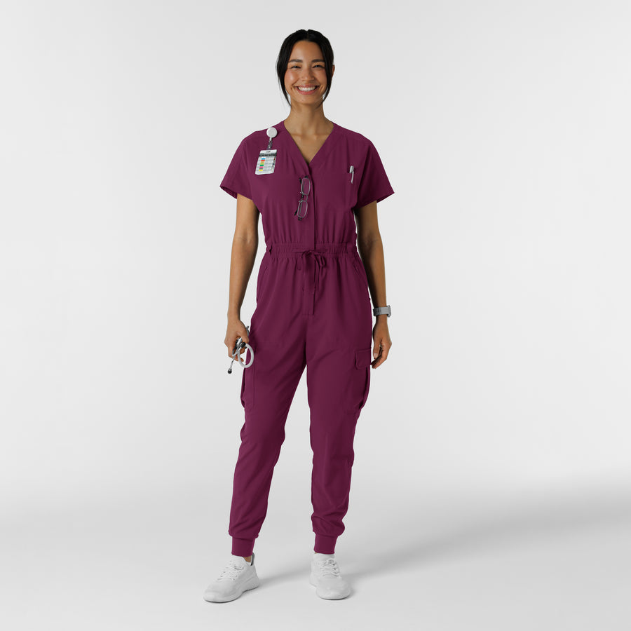 RENEW Women's Cargo Jogger Scrub Jumpsuit Wine accessorized