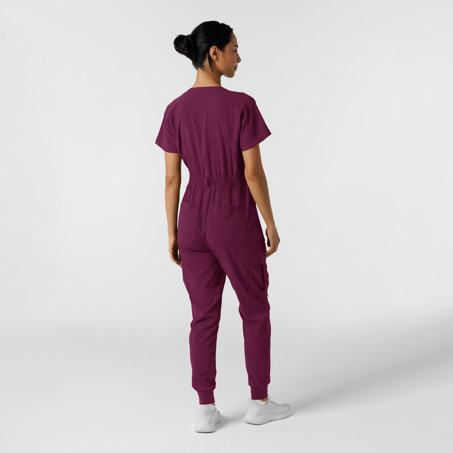 RENEW Women's Cargo Jogger Scrub Jumpsuit Wine - back view