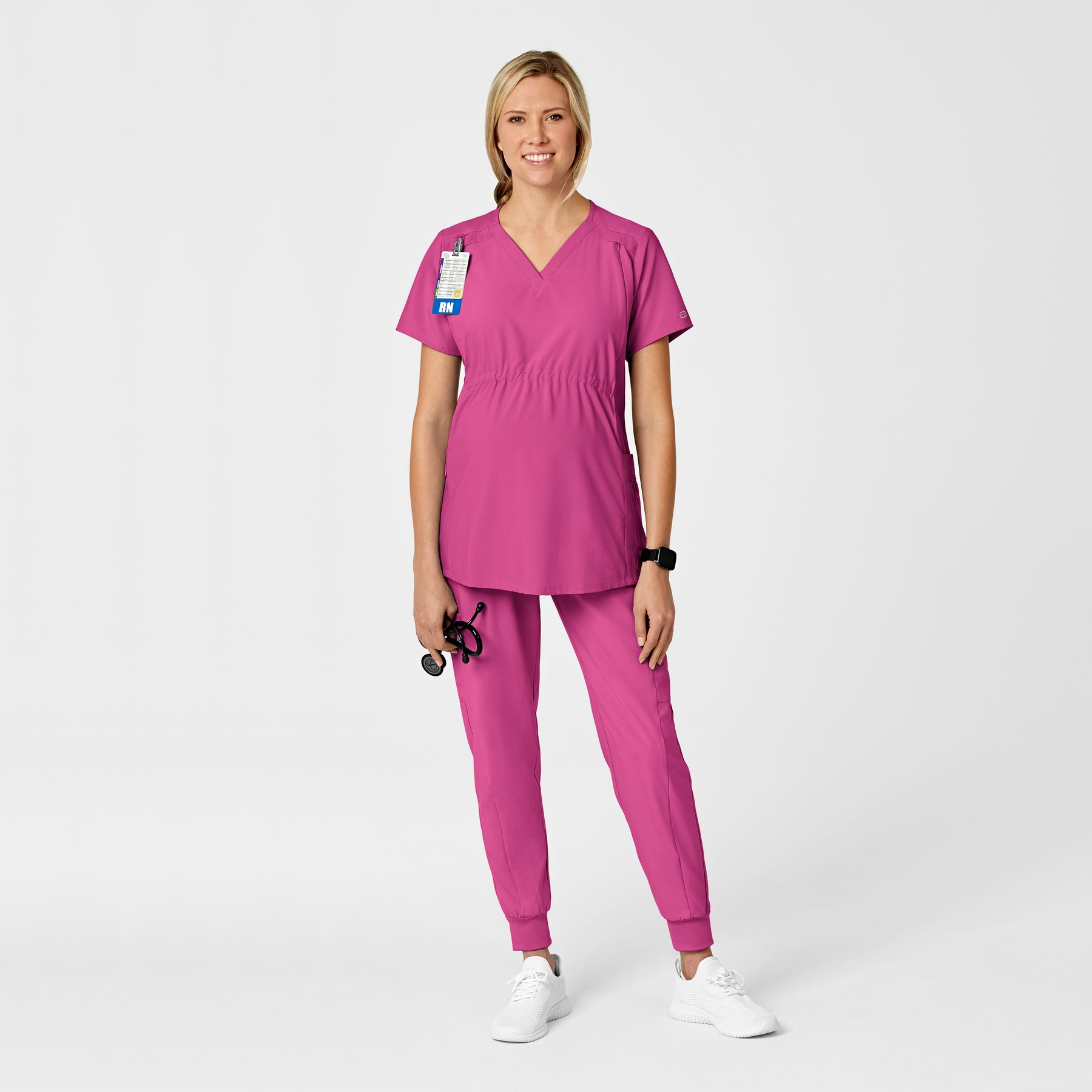 W123 Maternity V-Neck Scrub Top Hot Pink scrub set