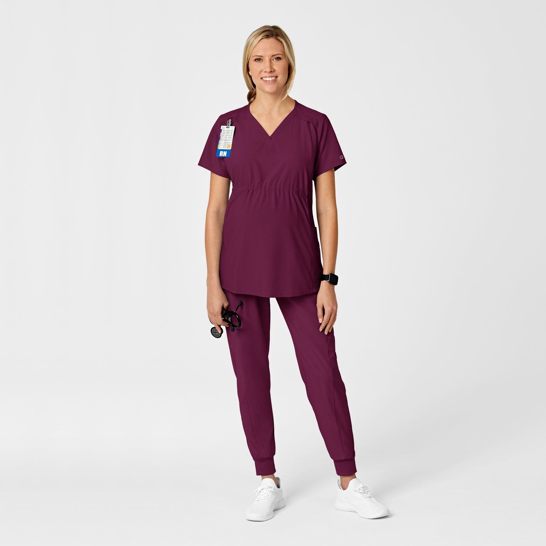 W123 Maternity V-Neck Scrub Top Wine scrub set