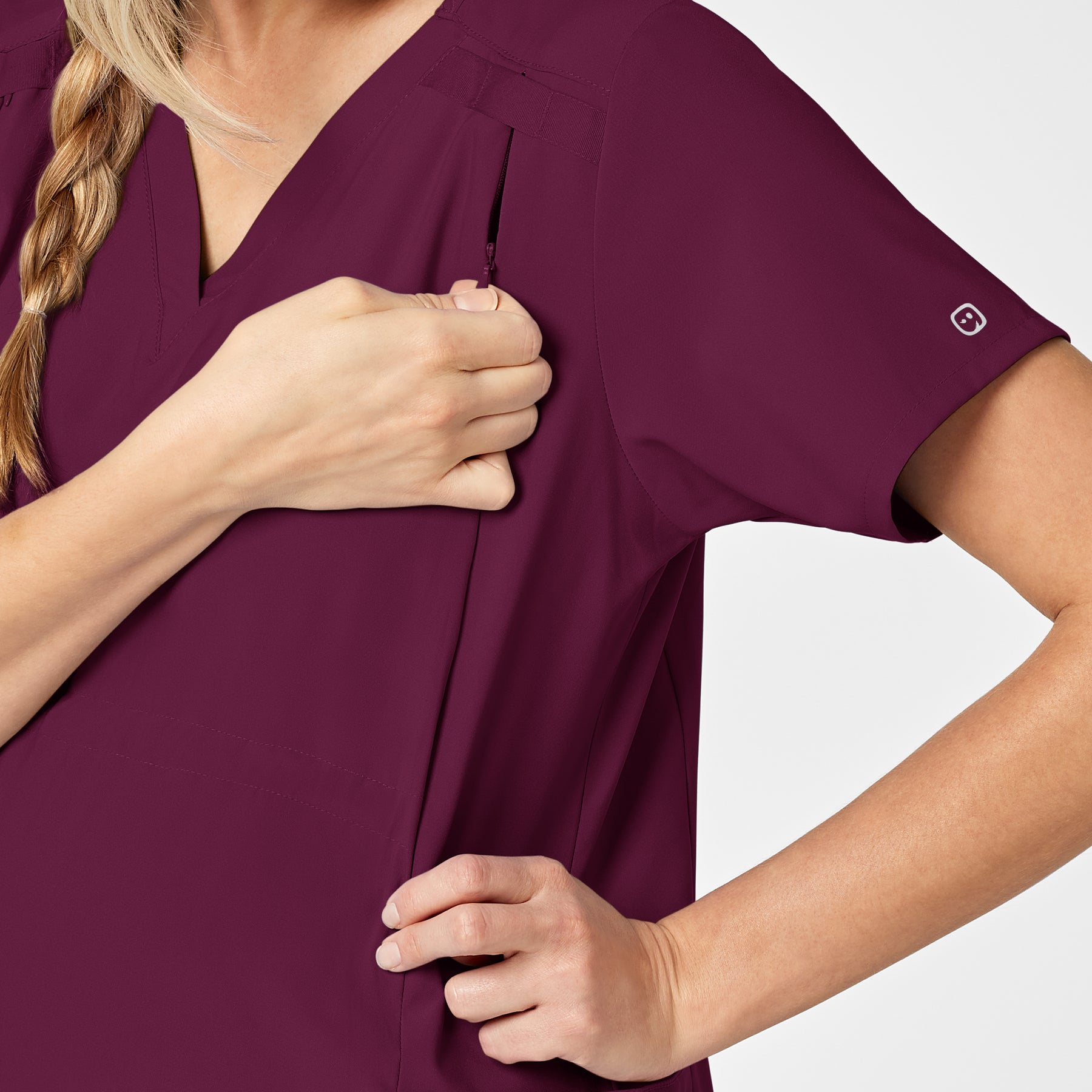 W123 Maternity V-Neck Scrub Top Wine side detail 1